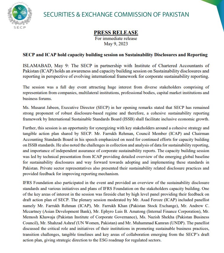 ECP and ICAP hold capacity building session on Sustainability Disclosures and Reporting
