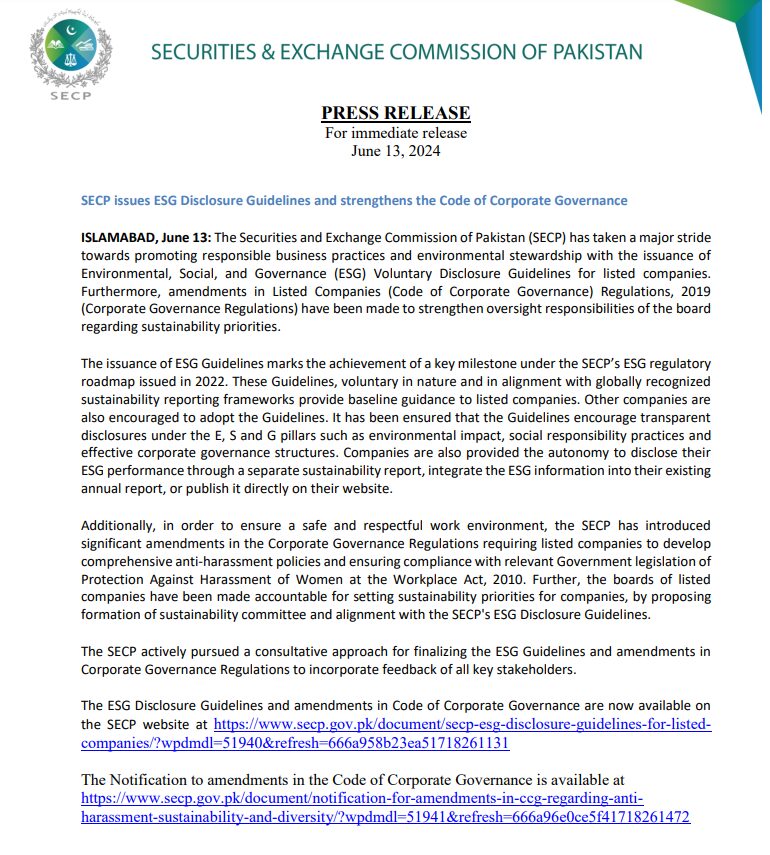 SECP issues ESG Disclosure Guidelines and strengthens the Code of Corporate Governance